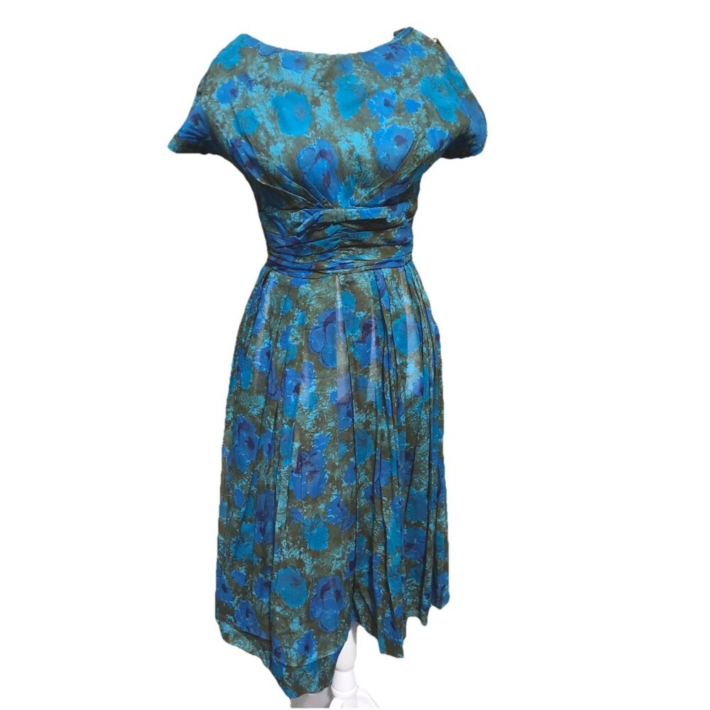Vtg 40s 50s Fit Flare Floral Blue Green Manford S Cocktail Dress Cottage Mod S